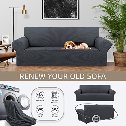 KEKUOU Stretch Sofa Cover Slipcover ,Couch Covers for 3 Cushion Couch Sofa pet Friendly (78"-94") Furniture Protector Sofa with Elastic Bottom for Kids,Dog, Jacquard Small Checked(Large,Charcoal)