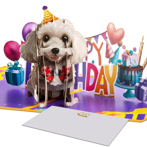 Poodle 3D Pop-Up Birthday Card- Fun Dog-Themed Party Card with Envelope & Blank Note for Dog Lovers, Balloons, and Cake, Gift for Daughter, Wife, Mother, Sister, Bestie & More