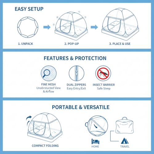 Image of Rainspire Foldable Mosquito Net for Double Bed King Size - Breathable Fine Mesh, with Handle, Heavy Duty Portable Collapsible Mosquito Protection Net for Bedroom Indoor Use - Blue