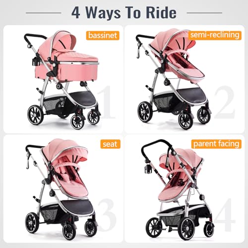 Hagaday Baby Stroller, 2-in-1 Reversible Toddler Seat with Bassinet Mode, Foldable Infant Stroller with Canopy, One Button Brake, Adjustable Handle, Newborn Pushchair(Pink) - Thumbnail 2