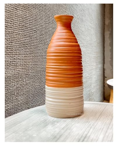 Image of SPHINX Handmade Ceramic Flower Vase - Vintage Dual-Tone Farmhouse Vase - Rustic Ribbed Texture Boho Decor Pampas Grass Vase, Artisanal Home Decor (Carafe-Shaped-8.5 Inch)