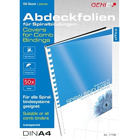 Genie 11185 Deckblätter (DIN A4; glasklar; 150 Micron; geeignet für alle Bindegeräte) 50 Stück transparente Cover