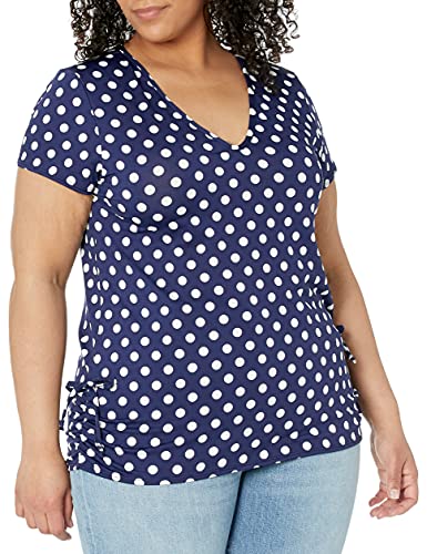 Star Vixen Women's Short Sleeve V Neck Top with Ruched Side Detail, Navy White Dot, XL