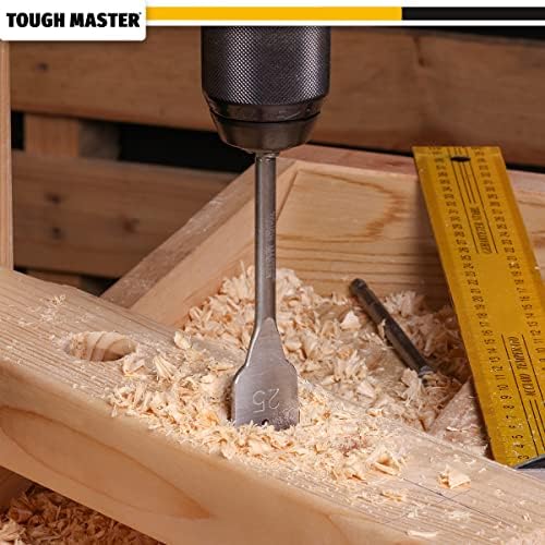 TOUGH MASTER Spade Drill Bits Set, 6 Piece ¼ Inch Quick Change Hex Shank, 10mm, 12mm,16mm, 18mm, 20mm, 25mm Flat Wood Drill Bits with Plastic Carry Case