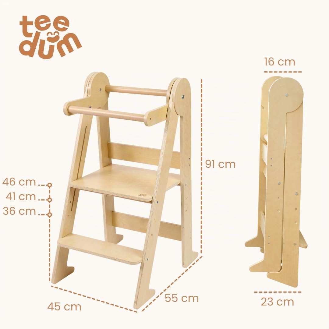 Torre de observación Montessori plegable compacta y ligera – Madera de abedul resistente a 80 kg – 3 alturas ajustables – Certificado CE y seguridad anti-Basculamento – Autonomía y movilidad – a