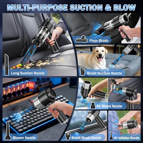 Image of KMM Handheld Car Vacuum Cleaner, 16000PA Hand Held Vacuum Portable Cordless, 2 in 1 Air Duster and Vacuum Cleaner with LED Light, Multi-Nozzles, 120W High Power Mini Vacuum for Home, Pet, Office