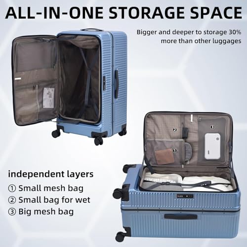 Image of Kaleenie 29 Inch Aluminum Checked Luggage with Side Opening Zipper, Lightweight Hardshell ABS+PC Suitcase with TSA Lock, 360 Universal Wheels, Blue