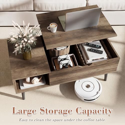 Image of OLIXIS Wooden Coffee Table, Lift Top Coffee Table with Large Hidden Compartment and Ample Storage Shelf, Lift Tabletop Dining Table for Living Room, Home Small Space, Grey