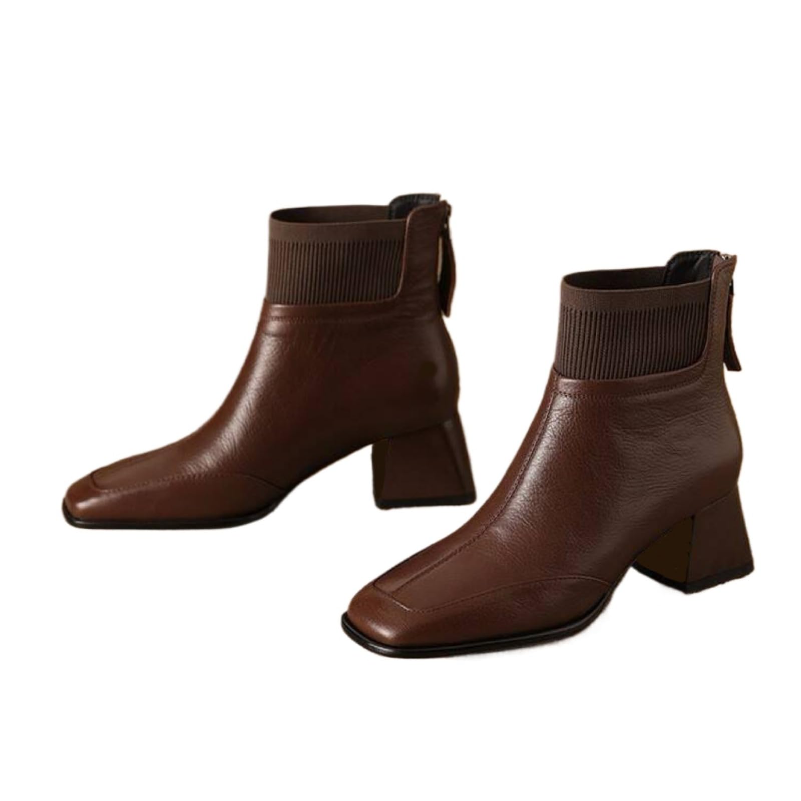Womens Square Toe Ankle Boots Chunky Heel Dress Booties with Rear Zipper Comfortable High Heel Boots for Fall