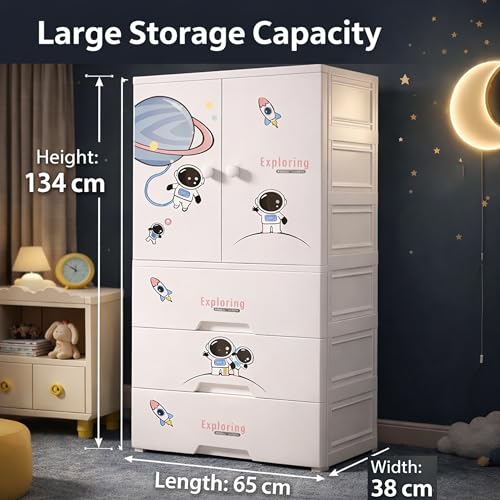 Image of AYSIS Kids Plastic Collapsible Wardrobe Organizer for Storage with Drawers | Cute Cartoon Design | Heavy Duty Cloth Organizer for Storage | Easy to Assemble | Perfect for Kids Room & Home | Sky Starry