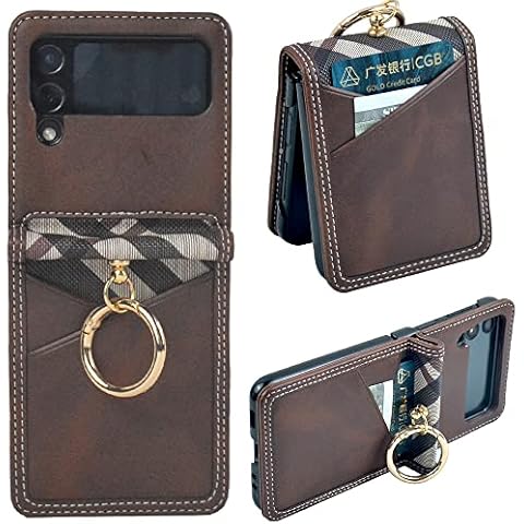 YQODSZ for Samsung Galaxy Z Flip 4 Case with Card Holder & Ring, Premium PU Leather Back Cover Hard PC Bumper All-Round Protection Protective Phone Case for Z Flip 4 2022 - Coffee Cover