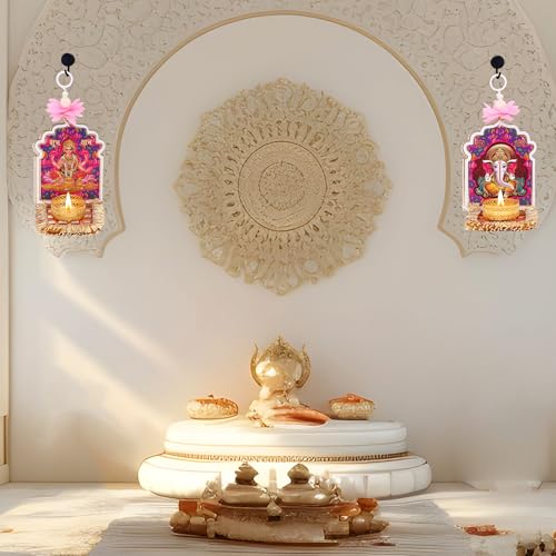 Image of Akaar Decor Lakshmi Ganesha Diya Hanging Set of 2 | Decorative Wall Hanging Tea Light Holder with Floral Accent | Diwali Decoration for Home, Pooja Room, Temple & Mandir Decor