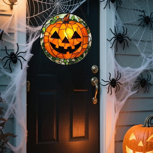 JOSUMALY Stained Glass Window Hanging, Halloween Decorations Evil Pumpkin Suncatcher for Doors Garden Indoor Spooky Funny Orange Sun Catchers Gothic Decor Horror Gifts for Women Men Friend 9.8 in by JOSUMALY - Image 4