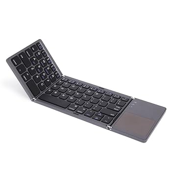 RuhZa Foldable Bluetooth Keyboard with Touchpad - Portable Wireless Keyboard with Stand Holder, Rechargeable Full Size Ultra Slim Pocket Folding Keyboard for Android Windows iOS Tablet & Laptop-Gray