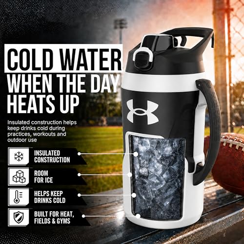 Image of Under Armour Insulated Water Bottle with Handle & Fence Hook, Half Gallon Sports Water Jug, Leak-Resistant & BPA-Free for Baseball, Football & Gym - White /Black, 64oz