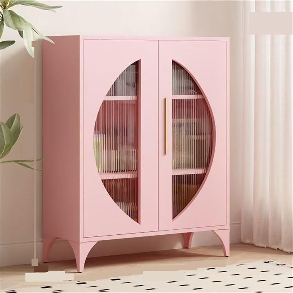 Kitchen Storage Cabinet Metal Sideboard with Glass Doors and Adjustable Partition Display Cabinet for Living Room Multi Scenario Use(Pink,Curved Door)