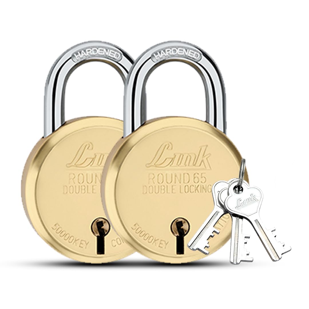 Link® 65mm New Round Brass Padlock | Steel Body | Iron Lever | Double Locking | 50,000 Key Combinations 3 Silver Keys for Each Padlocks (Pack of 2)-picture-24
