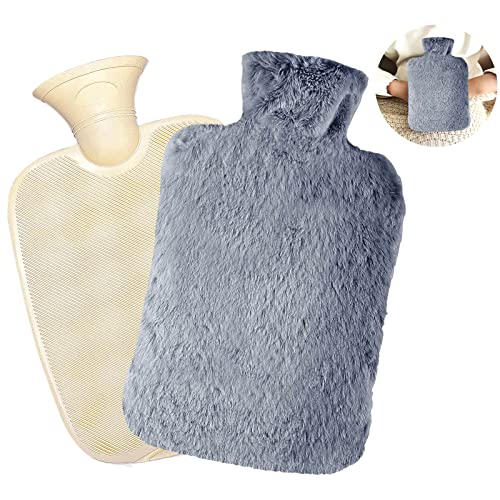 Frasheng Bolsa de Agua Caliente de 2L, Botellas de agua caliente con Felpa Funda, Hot Water Bottle, Botella de agua caliente con tapa, Bolsa de agua térmica, Bolsa de agua caliente de PVC, Gris Cover