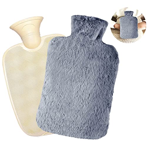 Frasheng Bolsa de Agua Caliente de 2L, Botellas de agua caliente con Felpa Funda, Hot Water Bottle, Botella de agua caliente con tapa, Bolsa de agua térmica, Bolsa de agua caliente de PVC, Gris