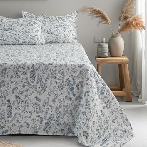 Image of Cortina Cloud Cotton King Size Bedsheet with 2 Pillow Covers | Super Soft, Breathable & Skin-Friendly Bedsheet for Double Bed King Size with Boho Design | 270x250 cm (White & Blue, King)