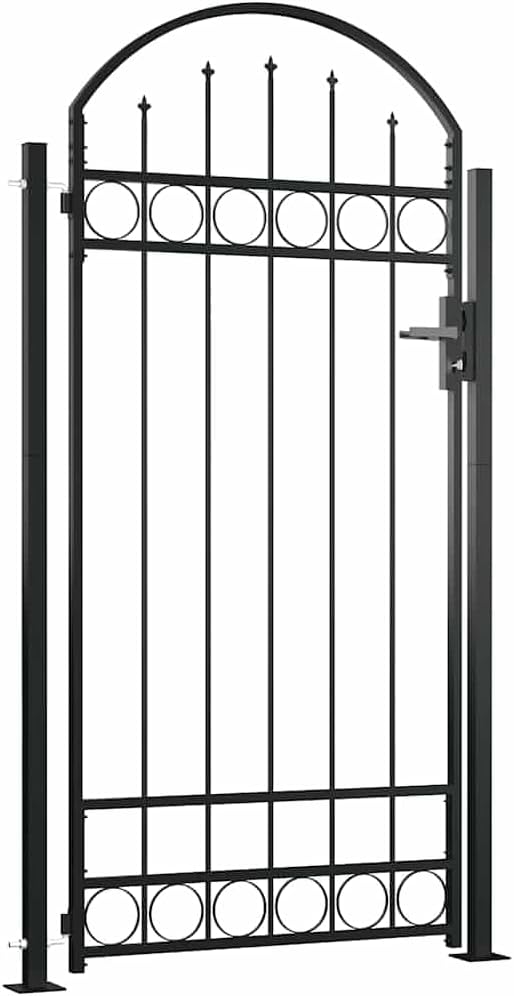 vidaXL Heavy Duty Black Steel Arched Garden Fence Gate with 2 Posts - 41.3x80.3 Outdoor Security Barrier