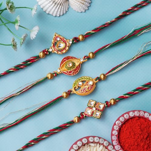Image of eCraftIndia Multicolor Set of 4 Radha Krishna Playing Flute, Peacock, Krishna Flute, Peacock Feather Designer Religious Rakhis with Roli Chawal Pack
