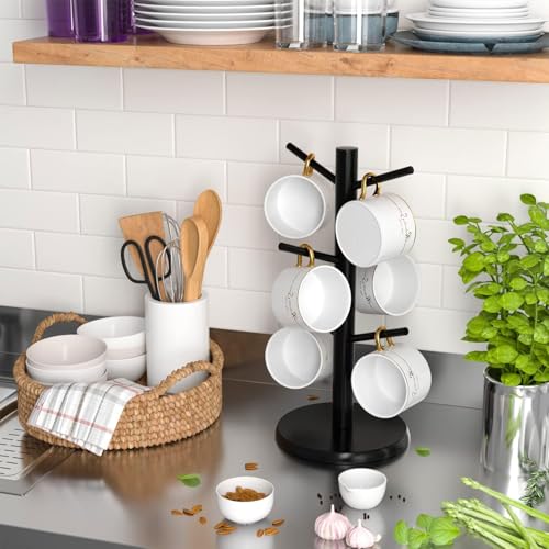 CECOMBINE Coffee Mug Holder With 6 Hooks - Black Bamboo Cup Tree With Thickened Base - Counter Storage Rack - Image 6