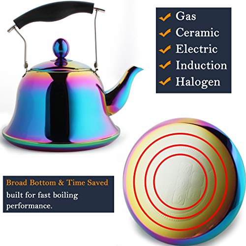 Whistling Tea Kettle Stovetop Stainless Steel Teakettles Teapot with Infuser for Flower Tea Maker Fast Boiling Mirror Finish Rainbow 2 Quart