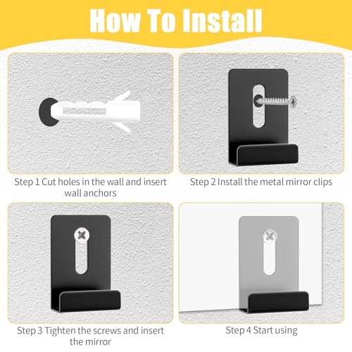Image of 12 Pcs Metal Mirror Holder Clips Hanger Kit, Mirror Clips for Wall Mounting Holder Hanging with Screws Hooks, Frameless Mounting Hardware Heavy Duty Retainer for Tile Billboard Display(Black)