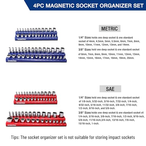 Image of WORKPRO Magnetic Socket Organizer Set, 4-Piece Socket Holder Set Includes 1 /4 inch, 3 /8 inch Drive Metric & SAE Socket Trays, Holds 108 Pieces Standard and Deep Size Sockets (Sockets not Included)