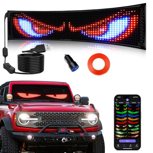 VDIKKS Synchronize Devil Eyes Light for Cars, 14.6”X3.6” Flex LED Display Screen Bluetooth APP Control DIY Text Animation Programmable LED Scrolling Sign for Car Windshields