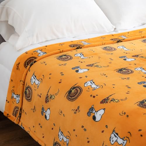 Image of Berkshire Blanket Peanuts VelvetLoft Cute Character Snoopy Plush Blanket,Snoopy and Woodstock Fall Birds & Leafs Orange,King 90 in x 108 in (Official Peanuts Product)