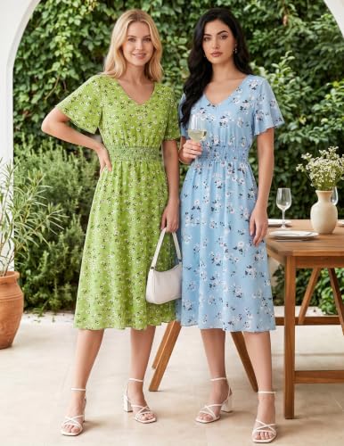 Image of Gardenwed Chiffon Floral Dresses Summer Midi Wedding Guest Dress V Neck for Women Elastic Waist