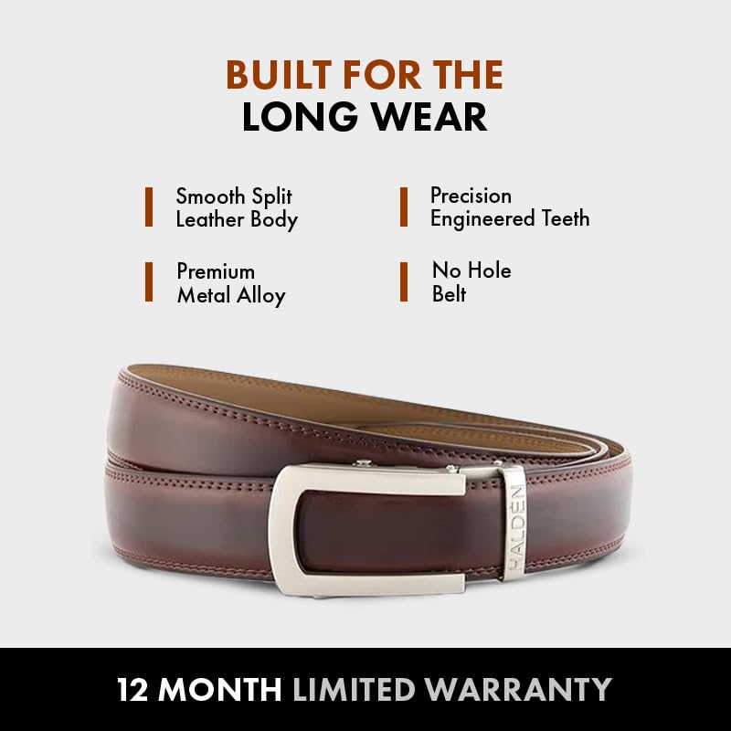 Image of HALDEN BURLEY Men's Brown Ratchet Belt | Auto-Lock Leather Formal Belt with Magnetic Buckle | Adjustable Free Size Fits Up to 44 Inch Waist