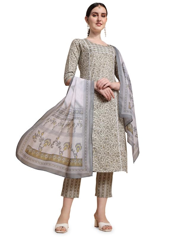 Image of NAINVISH Cotton Blend Kurti Pant & Dupatta | Kurta Set for Women | Women Kurta Pant Dupatta Set | Green Kurta Set for Women | Printed Kurta Pant Dupatta Set