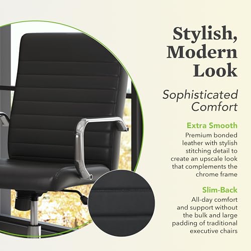 Image of HON Sadie Executive Ergonomic Office Chair with Leather Upholstery, Chrome Arms and Back Support, Mid Back Desk and Computer Chair for Home Office or Conference Room, 360 Swivel, Black