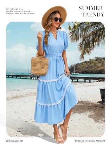 Dressystar Women's Puff Sleeve Boho Maxi Dress V Neck Tiered Summer Wedding Guest Beach Vacation Dresses 20252