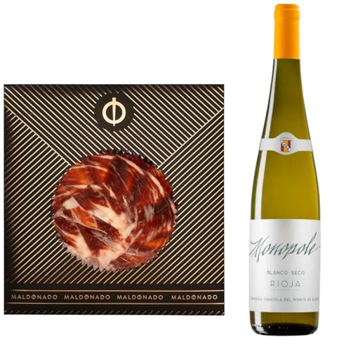 Pack Vino Rioja - Jamón de Bellota 100% Ibérico Maldonado Cortado a Mano 100g + Vino Blanco Monopole