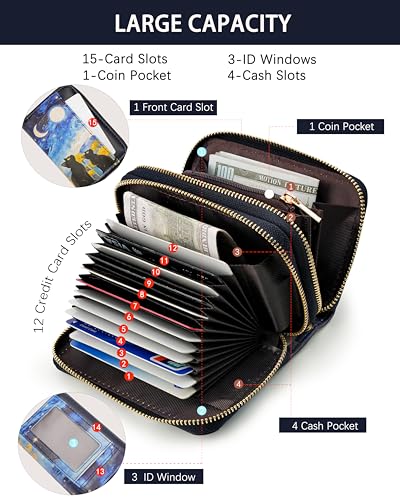 Image of Starry Cat Credit Card Holder for Women,Accordion Wallet | RFID Blocking Card Wallet, Vegan Leather with Wristlet, dual independent zipper compartments,17 Card Slots