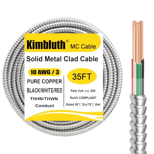 Image of 10 /3 Metal Clad (MC) Cable with Ground 35ft, 10 Gauge Electric Wire with Aluminum Armor, Solid Bare Copper Conductors for Indoor Outdoor Underground Embedded Installation (10 /3, 35 FT)