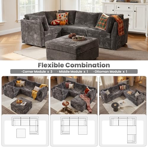 Image of ovios Modular Sectional Sofa Couch with Sofa Bed L-Shape Chaise, Comfy Plush Corduroy Cloud Couches, Modern Luxury Deep Seat Sofas Set for Living Room, 5-Seater, Grey