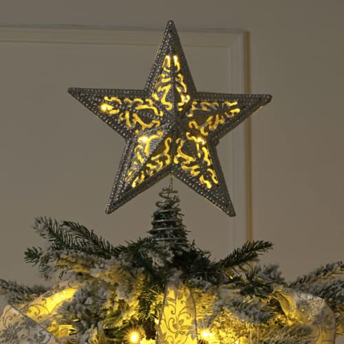 Valery Madelyn Pointe de Sapin de Noël en Métal, Topper Sapin de Noël Blanc à Pillettes, Haut de Sapin de Noël Traditionnel, Pointe de Sapin à Piles(Non Inclus) 10 LED Jaune Chaud illuminé 30cm Cover