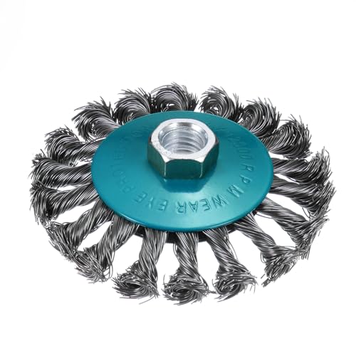 Image of Twisted Knotted Wire Wheel Brush for Grinder - [4 Inch] Carbon Steel for Paint Stripping Cleaning Rust Abrasive, 5 /8Inch-11 Threaded Arbor, 0.02 Inch Carbon Steel Wire, Cyan