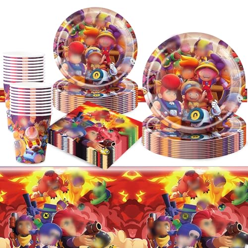 Heartsking Cartoon Partygeschirr Set, Brawl Kindergeburtstag Party Deko Set, Party Tableware Supplies Tischdecke Pappteller Teller Servietten Tassen