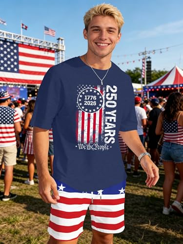 Image of Ithalt Patriotic Shirts for Men 4th of July Outfit 2 Piece Set Short Sleeve and Shorts American Flag 250th Anniversary