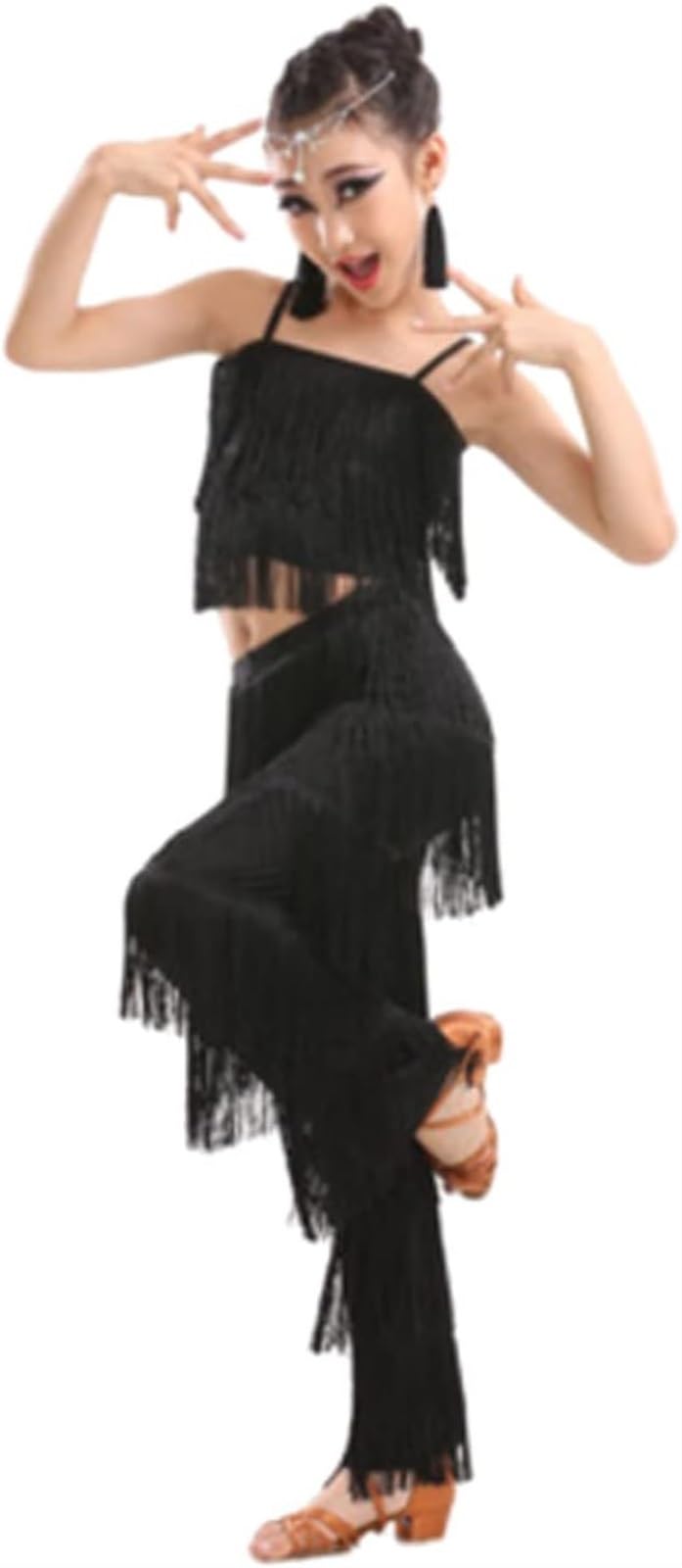 Conjunto De Baile Latino For Niñas, Pantalones De Talla Grande Con Flecos Y Borlas Y Top Sólido Con Flecos, Traje De Competición De Salsa Samba, Trajes De Práctica De Baile