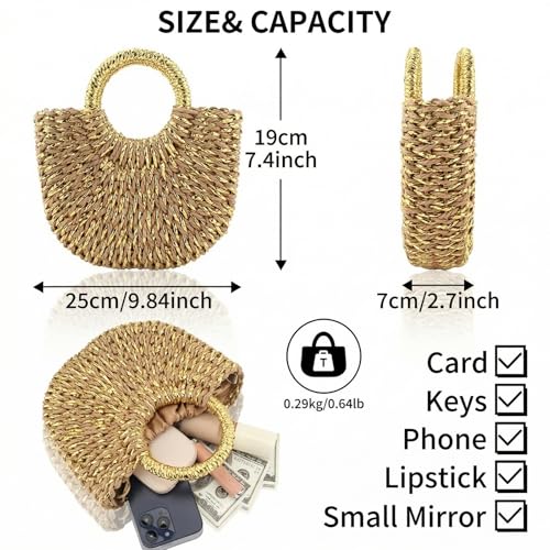 Image of Rattan Handmade Straw Tote Handbag Beach Shoulder Bag Summer Beach Rattan Bag Straw Bag