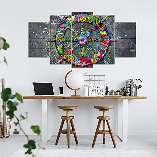 Klvos Nautical Beach Wall Art Boat Ship Steering Wheel Canvas Prints Wall Decor 5 Panel Graffiti Banksy Artwork Framed Stretched For Living Room Bedroom Home Decor #TOP2