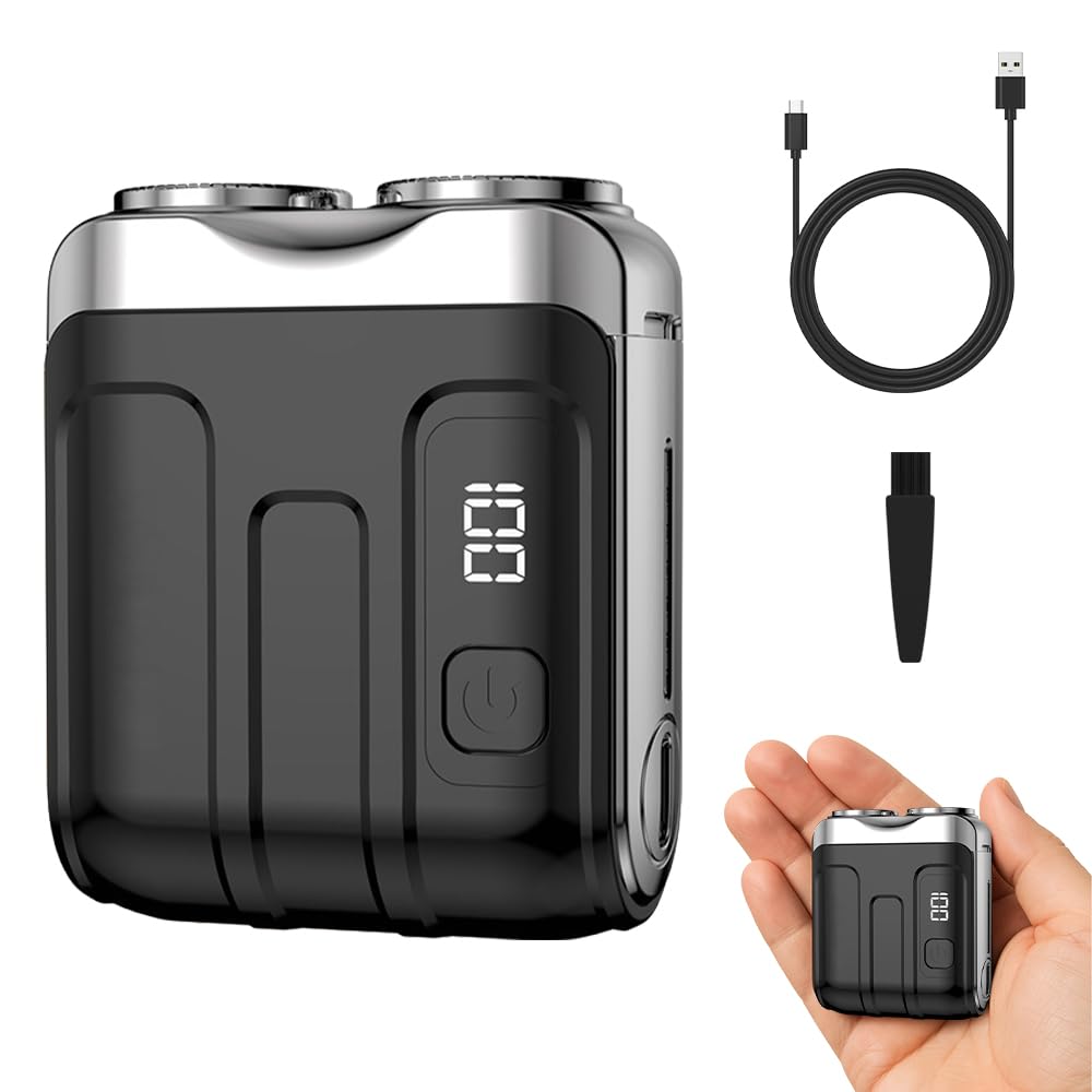 Rasoio elettrico rotativo portatile a doppio anello, rasoio elettrico compatto a umido e ad aria, da viaggio, da uomo, ricaricabile con USB-C, impermeabile, facile da pulire (nero)
