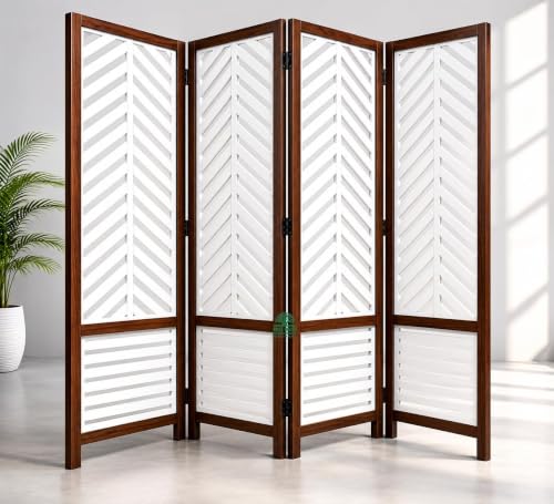 Image of Wooden Room Divider 6 Feet, 4-Panel Folding Wooden Partition for Living Room, Office, Pooja Room, Restaurant, Kitchen & Balcony (2W x 1.82H Meters). (Milky White Circle Pattern)